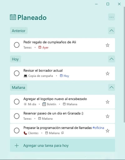 La lista inteligente Planeado de Microsoft To Do, con las tareas agrupadas en Anterior, Hoy y Mañana