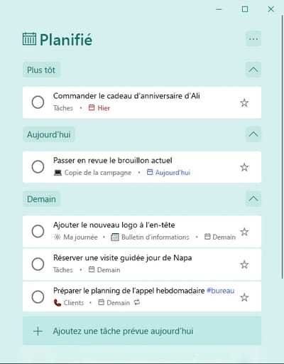La liste intelligente Planifié de Microsoft To Do, avec des tâches rangées sous Plus tôt, Aujourd'hui et Demain