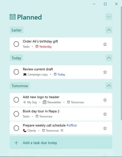 The Planned smart list in Microsoft To Do, with tasks grouped under Earlier, Today and Tomorrow