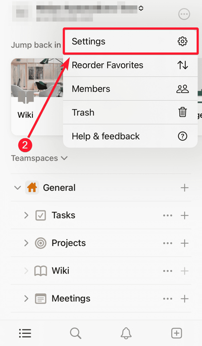 Tippen Sie in der Notion Mobile App auf Einstellungen