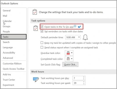 Opciones de Outlook clásico en inglés, con Tasks seleccionado y la casilla para abrir las tareas en To Do marcada y recuadrada en rojo