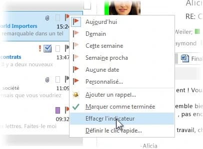 Le menu de l'indicateur dans la liste des messages d'Outlook classique, avec les échéances Aujourd'hui à Personnalisé, puis Ajouter un rappel, Marquer comme terminée et Effacer l'indicateur