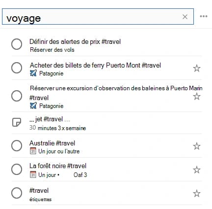 La recherche « voyage » dans Microsoft To Do, qui affiche les tâches marquées #travel de plusieurs listes
