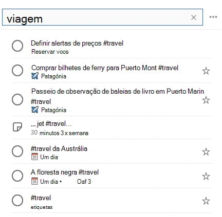 Resultados de uma pesquisa no Microsoft To Do, com tarefas de várias listas marcadas com a hashtag #travel