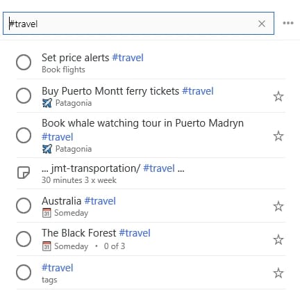 Microsoft To Do search results for #travel, listing every task tagged #travel across several lists