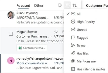 Menú del filtro encima de la lista de mensajes de Outlook en la Web, en inglés, con All, High Priority, Unread, Flagged, To me, Has files, Mentions me y Has calendar invites