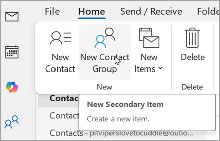 Classic Outlook ribbon showing the New Contact Group button in the People view
