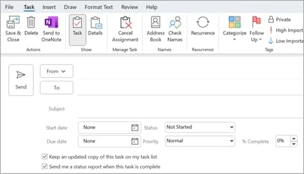 Formulario de tarea del Outlook clásico en modo de asignación, en inglés, con el campo To, las fechas, el estado, la prioridad y % Complete