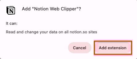 Notion webクリッパーの拡張機能を追加するポップアップ画面