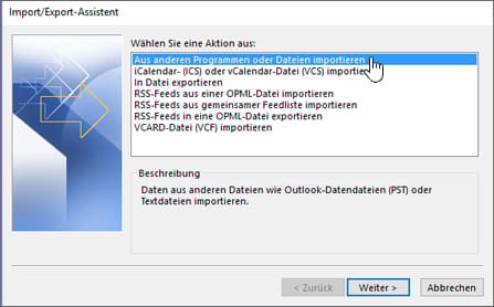 Import/Export-Assistent im klassischen Outlook mit ausgewählter Option Aus anderen Programmen oder Dateien importieren