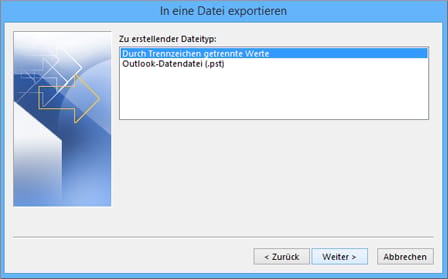Exportassistent im klassischen Outlook mit ausgewählter Option Durch Trennzeichen getrennte Werte