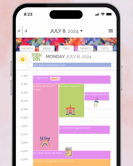 Artful Agenda day view on iPhone with month, week, day, habits and lists tabs and color-blocked events down the hour column