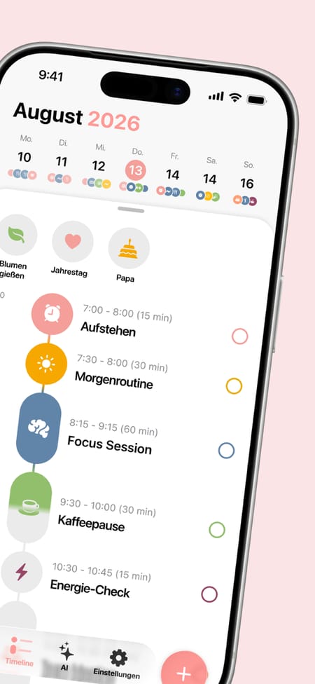 Structured auf dem iPhone mit deutscher Tages-Zeitleiste: Aufstehen, Morgenroutine, Kaffeepause und Energie-Check mit Uhrzeit und Dauer