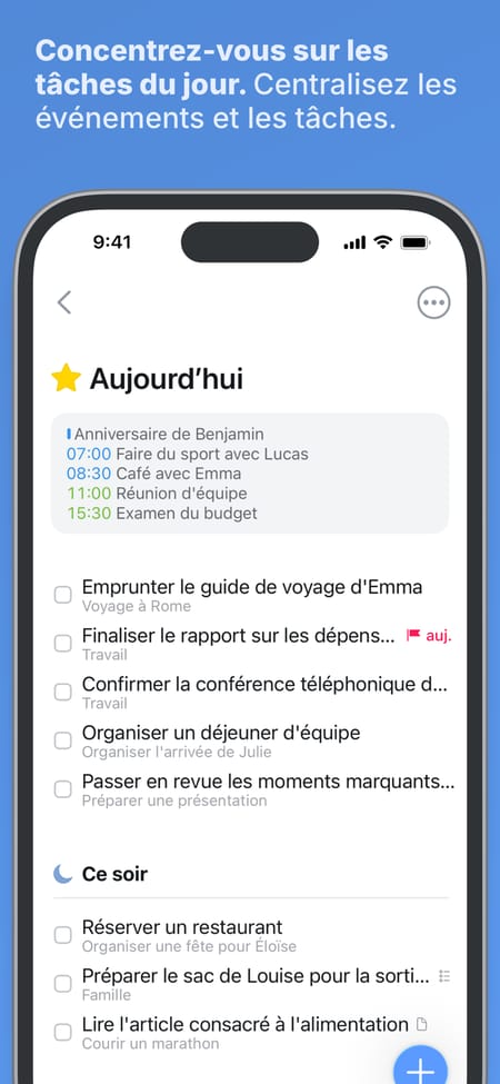 Vue Aujourd'hui de Things 3 en français, avec les événements de la journée en haut, les tâches rattachées à leurs projets, puis une section Ce soir