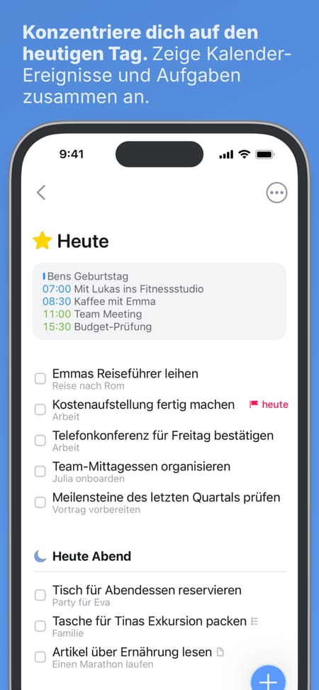 Things 3 auf dem iPhone mit der deutschen Ansicht Heute: Kalendertermine oben, darunter Aufgaben mit Projektzuordnung und der Bereich Heute Abend
