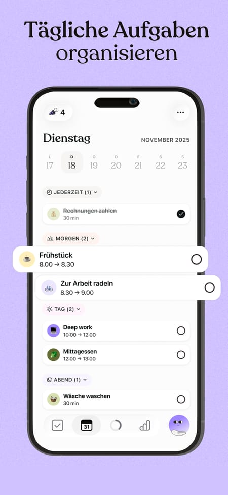 Tiimo auf dem iPhone mit dem deutschen Tagesplan für Dienstag: Aufgaben mit Symbolen in den Blöcken Jederzeit, Morgen, Tag und Abend