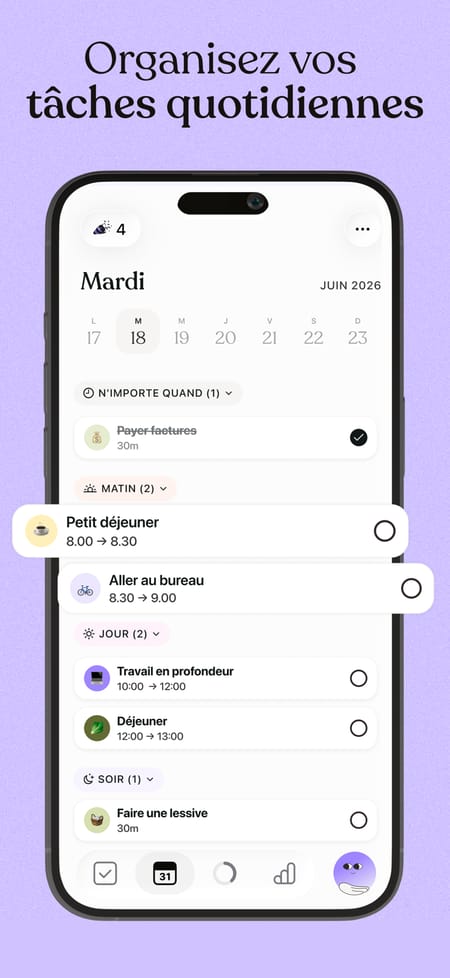 Planning quotidien de Tiimo en français, avec les tâches regroupées par moment de la journée, N'importe quand, Matin, Jour et Soir, chacune portant une icône et une durée