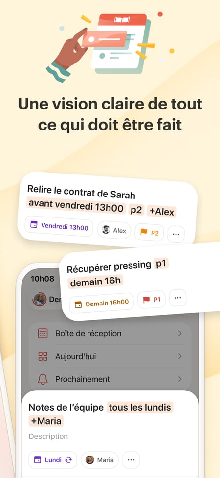 Saisie en langage naturel dans Todoist en français, où « Relire le contrat de Sarah avant vendredi 13h00 p2 +Alex » devient une tâche datée, priorisée et assignée, au-dessus des vues Boîte de réception, Aujourd'hui et Prochainement