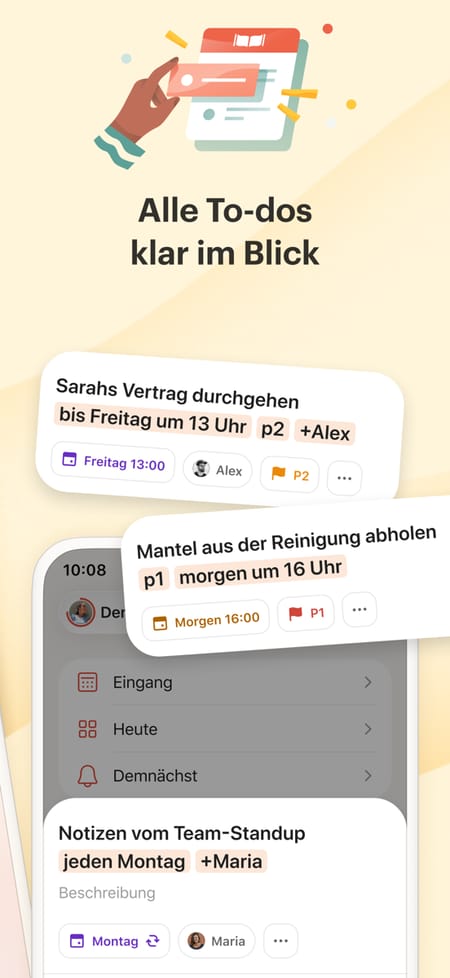 Todoist-Schnelleingabe auf Deutsch: Aufgaben mit Fälligkeit und Priorität neben der Seitenleiste mit Eingang, Heute und Demnächst