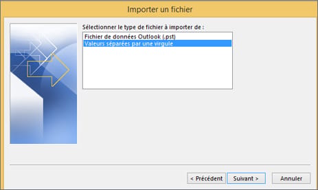 Assistant d'exportation d'Outlook classique avec Valeurs séparées par une virgule sélectionné