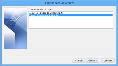 Assistente Exportar para um arquivo do Outlook clássico com Valores Separados por Vírgula selecionado