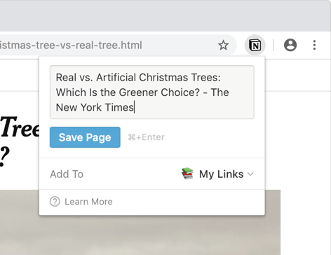 브라우저 창에 Notion 웹 클리퍼 팝업이 표시됨: ‘Real vs. Artificial Christmas Trees: Which is the Greener Choice? – The New York Times’ 페이지를 저장하는 모습.