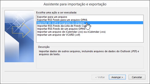 Assistente de Importação e Exportação do Outlook clássico com a opção Importar de outro programa ou arquivo selecionada