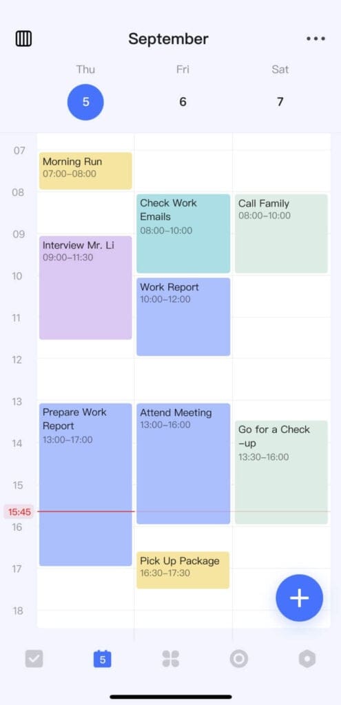 TickTick-Kalender auf dem Mobilgerät für Donnerstag, den 5. September, zeigt geplante Aufgaben wie Morgensport, Interview, Arbeitsberichte, Meetings und Paket abholen.