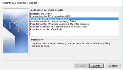Asistente para importar y exportar de Outlook clásico con Importar de otro programa o archivo seleccionado