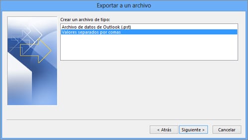 Asistente Exportar a un archivo del Outlook clásico con la opción Valores separados por comas seleccionada