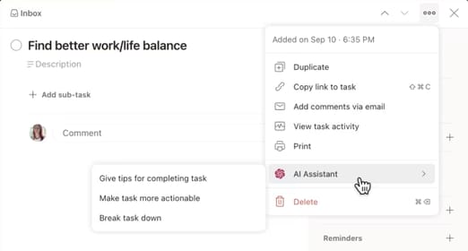목표 입력을 요청하는 팝업 AI 어시스턴트 창이 표시되어 있고, 하단에 취소 버튼과 작업 제안 버튼이 있다.
