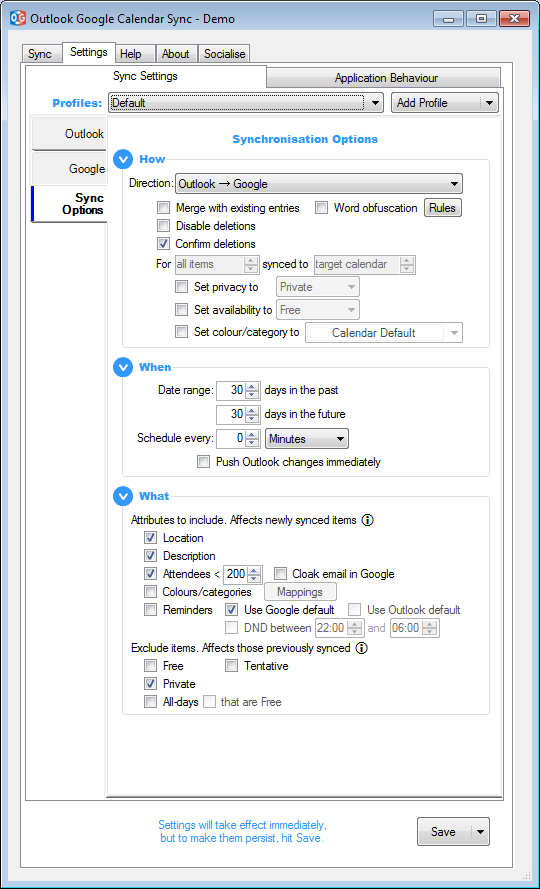 Ventana de ajustes de Outlook Google Calendar Sync en la pestaña Sync Options, con el desplegable de dirección puesto en Outlook to Google, un rango de fechas y casillas para ubicación, descripción, invitados y recordatorios.