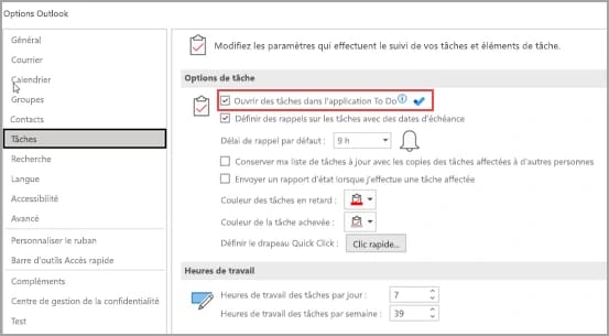 La fenêtre Options Outlook sur la rubrique Tâches, avec la case Ouvrir des tâches dans l'application To Do cochée et encadrée de rouge