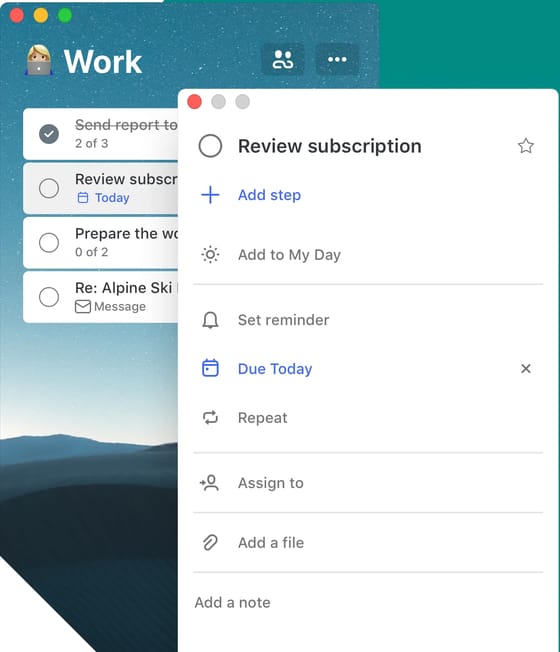 A Microsoft To Do task detail pane on Mac with Add step, Add to My Day, Set reminder, Due Today, Repeat, Assign to, Add a file and Add a note, over a Work list whose tasks show step counts such as 2 of 3