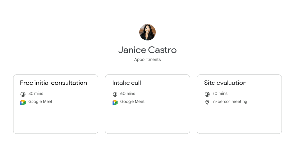Google Calendar Appointment Schedules booking page showing multiple appointment types.