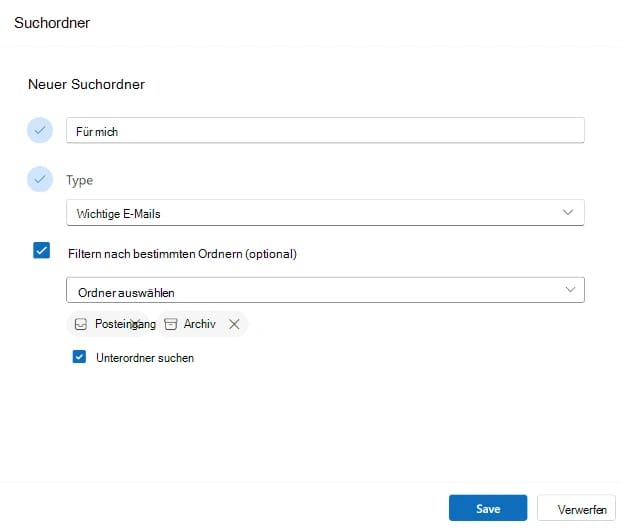 Das Fenster Neuer Suchordner im neuen Outlook: Typ Wichtige E-Mails, Filtern nach bestimmten Ordnern mit Posteingang und Archiv, Unterordner suchen aktiviert