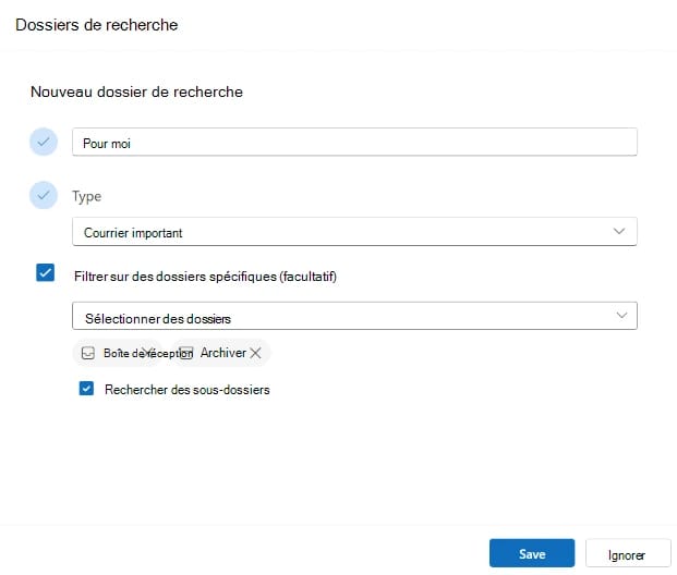 La boîte de dialogue Nouveau dossier de recherche du nouvel Outlook, avec le type Courrier important, un filtre sur Boîte de réception et Archiver, et la case Rechercher des sous-dossiers cochée