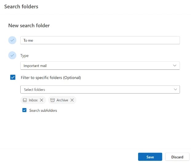 Formulario de nueva carpeta de búsqueda del nuevo Outlook, en inglés, con el tipo Important mail elegido, un filtro opcional por Inbox y Archive y la casilla Search subfolders