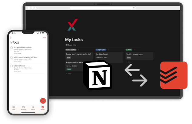 Pleexy의 Notion↔Todoist 양방향 동기화: 왼쪽에는 Todoist 모바일 관리함, 오른쪽에는 Notion 데스크톱 작업 데이터베이스가 보이고, 양쪽을 잇는 화살표가 표현됨.