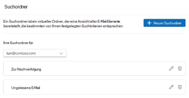 Die Seite Suchordner in den Einstellungen des neuen Outlook mit der Schaltfläche Neuer Suchordner und den Suchordnern Zur Nachverfolgung und Ungelesene E-Mail