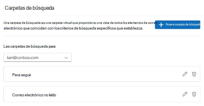 Página Carpetas de búsqueda de la configuración del nuevo Outlook en español, con el botón Nueva carpeta de búsqueda y las carpetas Para seguir y Correo electrónico no leído