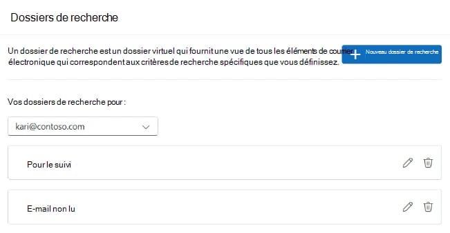 La page Dossiers de recherche des paramètres du nouvel Outlook, avec le bouton Nouveau dossier de recherche et deux dossiers, Pour le suivi et E-mail non lu