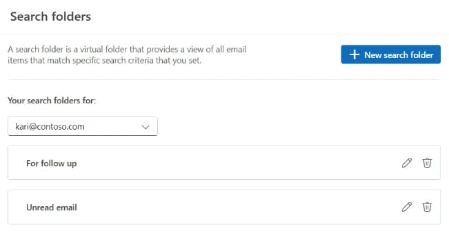 A página Search folders nas configurações do novo Outlook, com a interface em inglês: as pastas For follow up e Unread email de uma conta e o botão New search folder