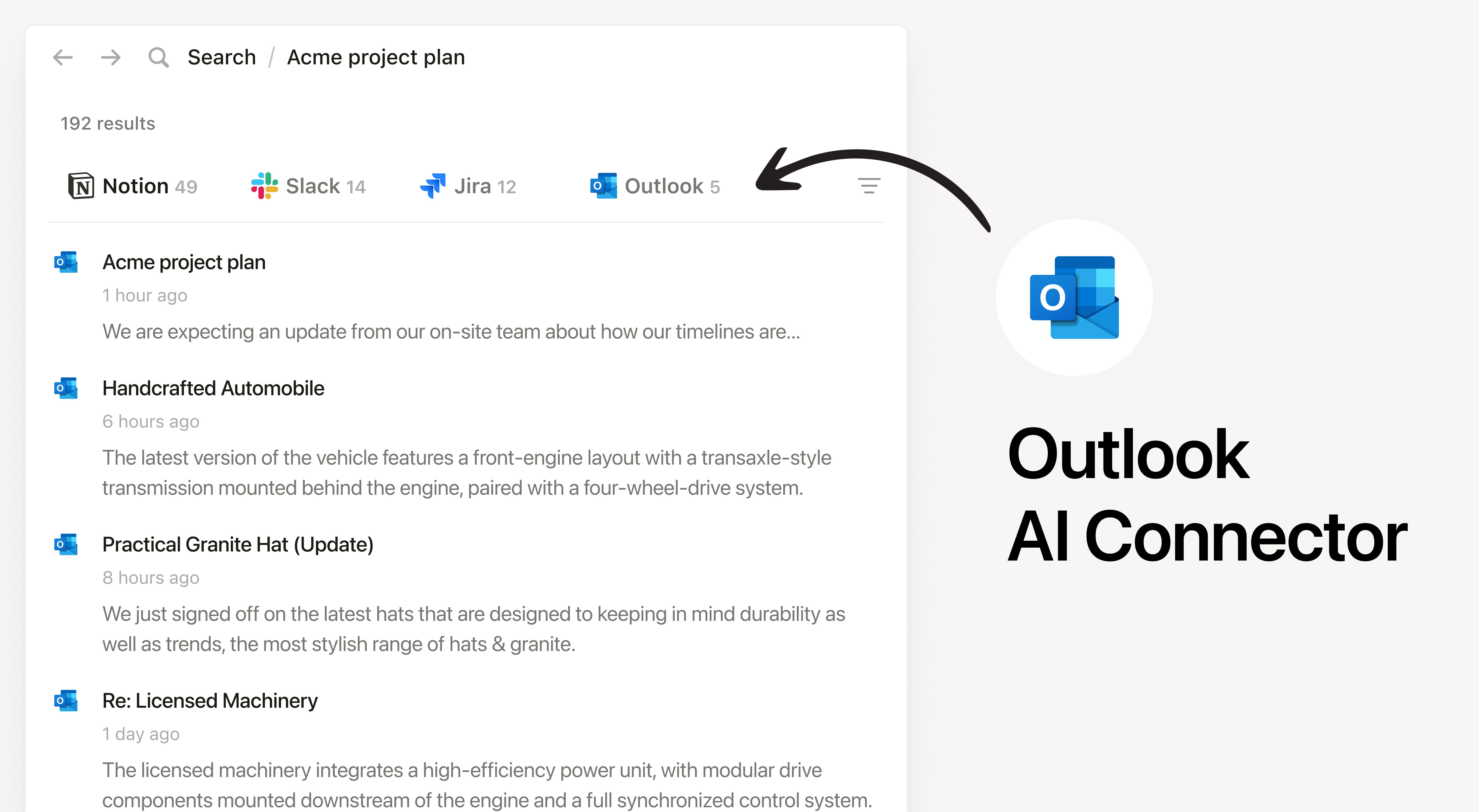 연결된 Outlook 메일함을 근거로 답변하고 그 아래에 출처 목록을 표시한 Notion AI 검색 결과 화면