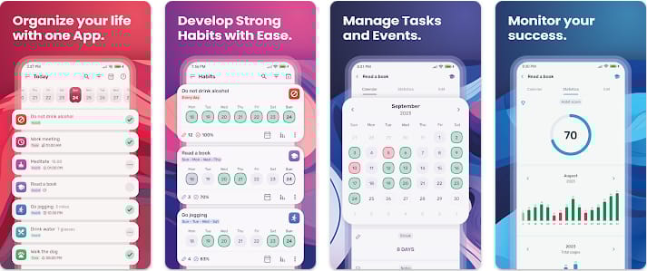 Android에서 HabitNow를 보여주는 화면으로, 습관 체크리스트와 루틴 일정, 진행 통계가 표시되어 있습니다.