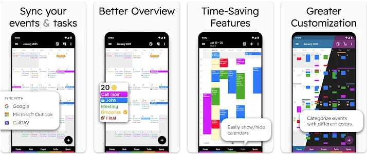 Business Calendar 2 app screenshots on Android showing event and task views, an agenda overview, time-saving scheduling tools, and customization with color-coded calendars.