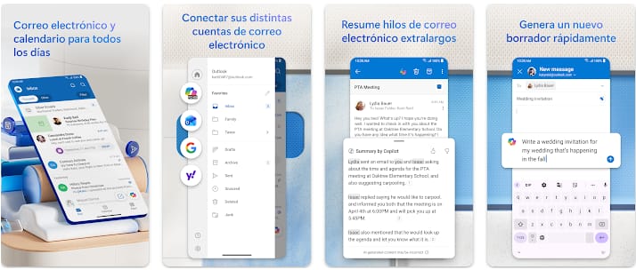 Capturas de pantalla de Microsoft Outlook en Android mostrando correo y calendario juntos, configuración de varias cuentas, resúmenes de hilos y creación rápida de borradores.