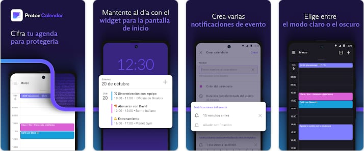 Capturas de pantalla de Proton Calendar en Android destacando programación cifrada, widget en la pantalla de inicio, notificaciones de eventos y vistas en modo claro/oscuro.