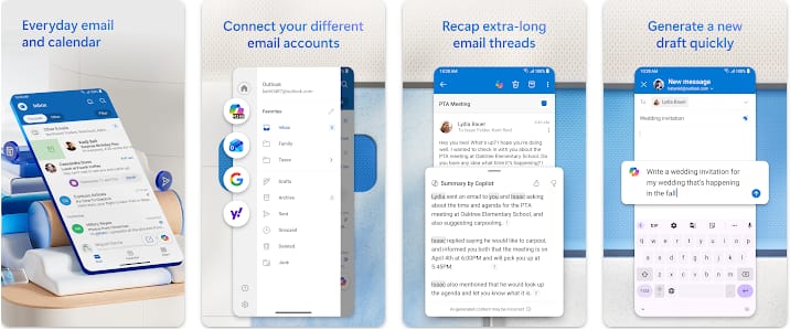 Microsoft Outlook app screenshots on Android showing email and calendar together, multiple account setup, thread summaries, and quick draft creation.
