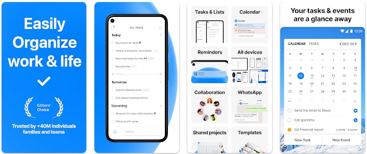 Any.do app screenshots on Android showing a daily task list, reminders, collaboration options, and a calendar view with tasks and events side by side.